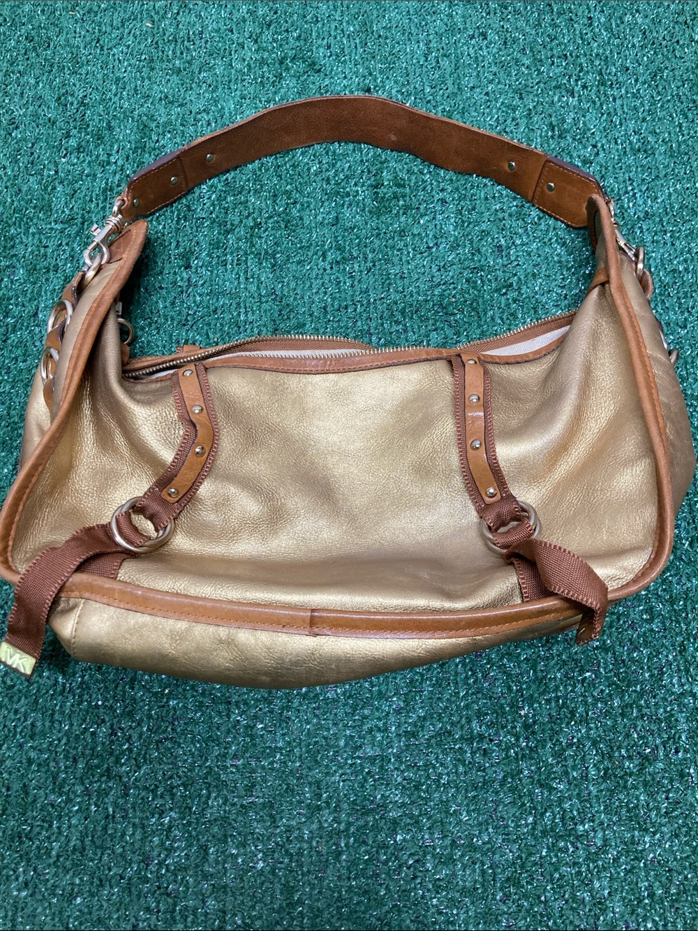 Vintage Michael Kors Metallic Gold Shoulder Bag with Brown Trim (OKPM-09-32)